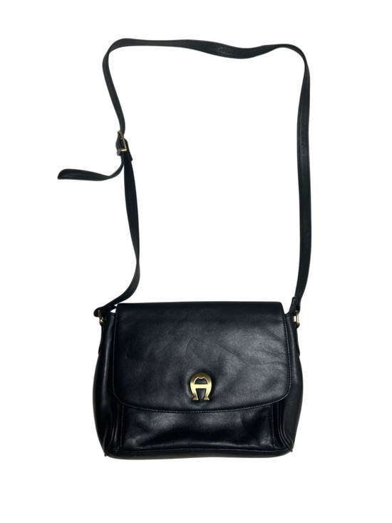 Handbags - ⁠Etienne Aigner Black Leather Crossbody Flap Bag Vintage Gold Horseshoe Logo